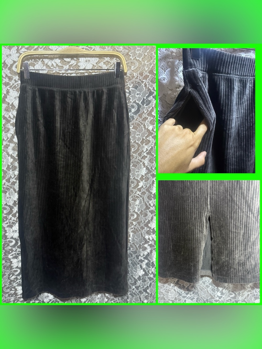 Vintage dark gray charcoal Ribbed Velvet velour Pencil Skirt pockets back slit S